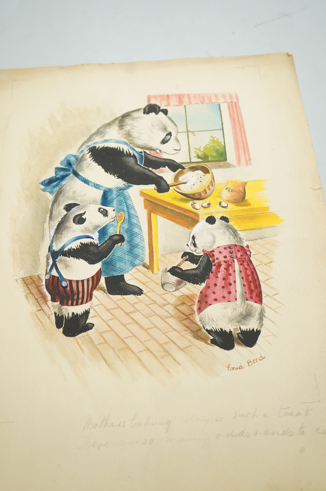 Enid Bond (20th. C), Set of six original watercolours for postcard designs, Humorous animals to include: cats, squirrels and badgers, each signed and inscribed in pencil, unframed, 36 x 27cm